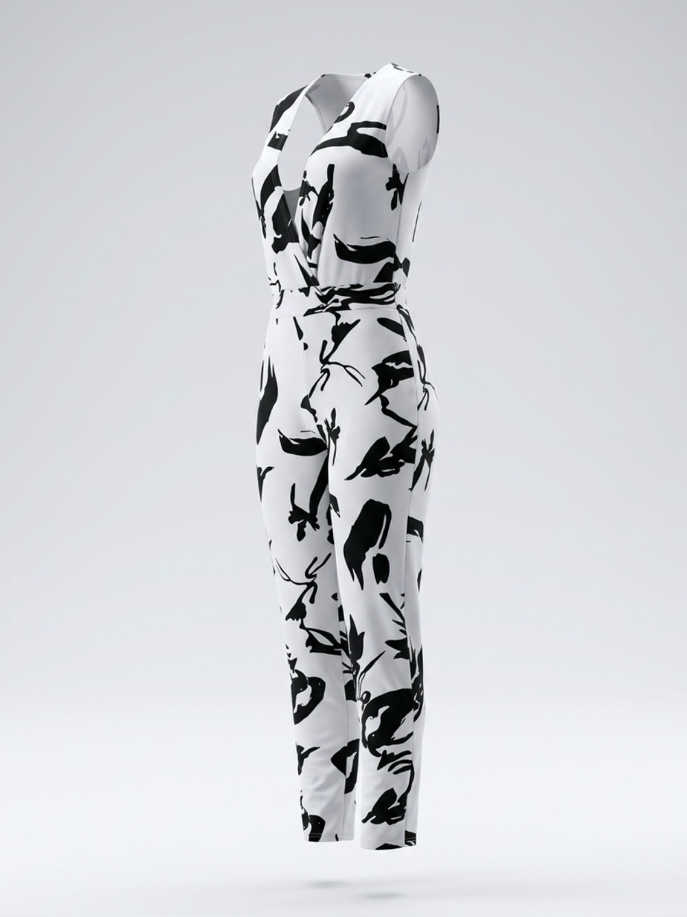 Sleeveless Black & White Printed V-Neck Jumpsuit